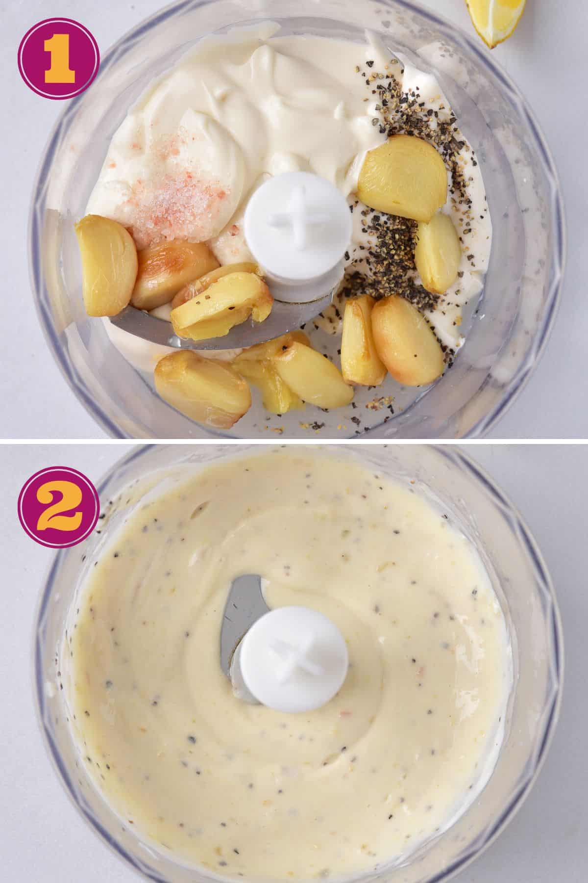 2 easy steps to make Lemon Garlic Aioli by adding roasted garlic, olive oil, salt, black pepper, and mayonnaise to a food processor