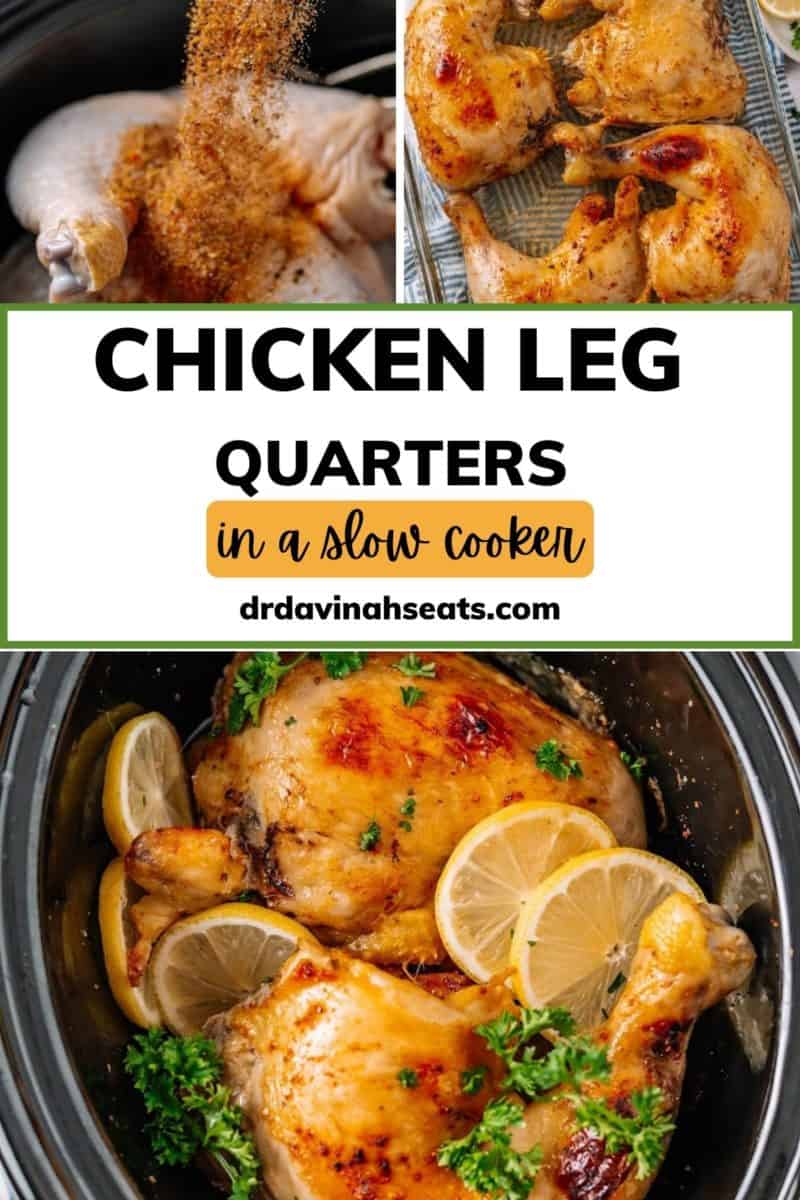 a poster with a picture of chicken leg quarters that says, "chicken leg quarters in a slow cooker"