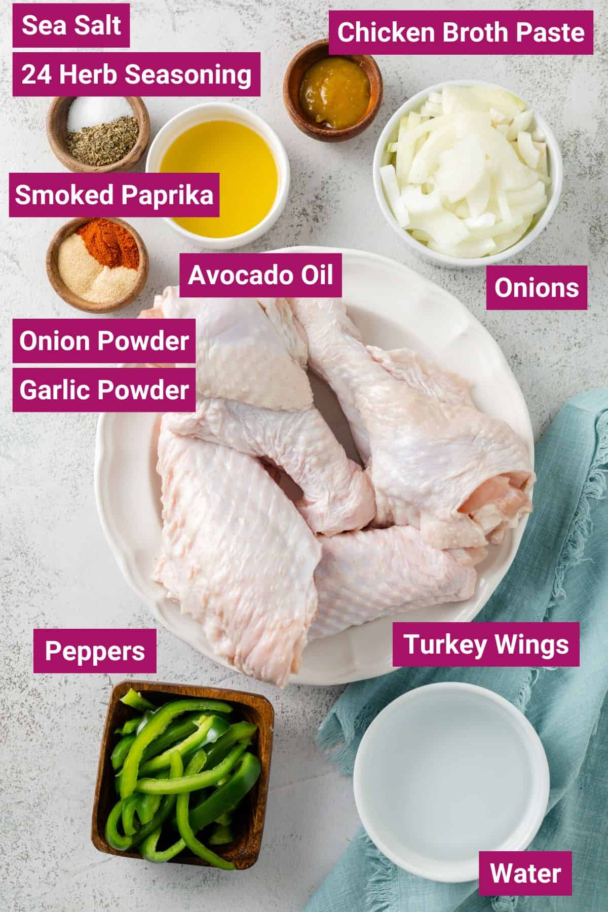 Overhead view of the labeled ingredients needed for baked turkey wings: a plate of turkey wings, a bowl of peppers, a bowl of onions, a bowl of water, a bowl of chicken broth paste, a bowl of avocado oil, a bowl of onion powder, garlic powder, and smoked paprika, and a bowl of sea salt and 24 herb seasoning