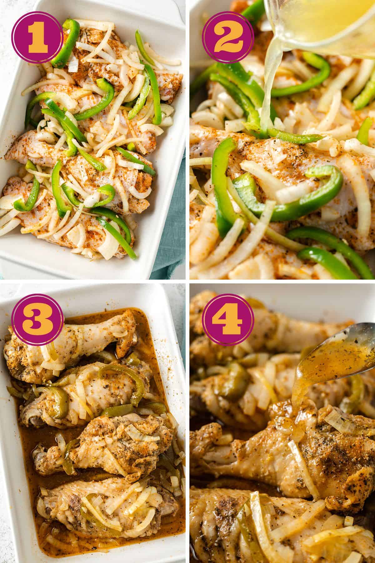 Four numbered pictures: first, raw turkey wings in a baking dish with raw peppers and onions; second, a pyrex of chicken broth being poured over the chicken, peppers, and onions; third, an overhead view of four cooked turkey wings in a baking dish; and fourth, a close up of four turkey wings in a baking dish