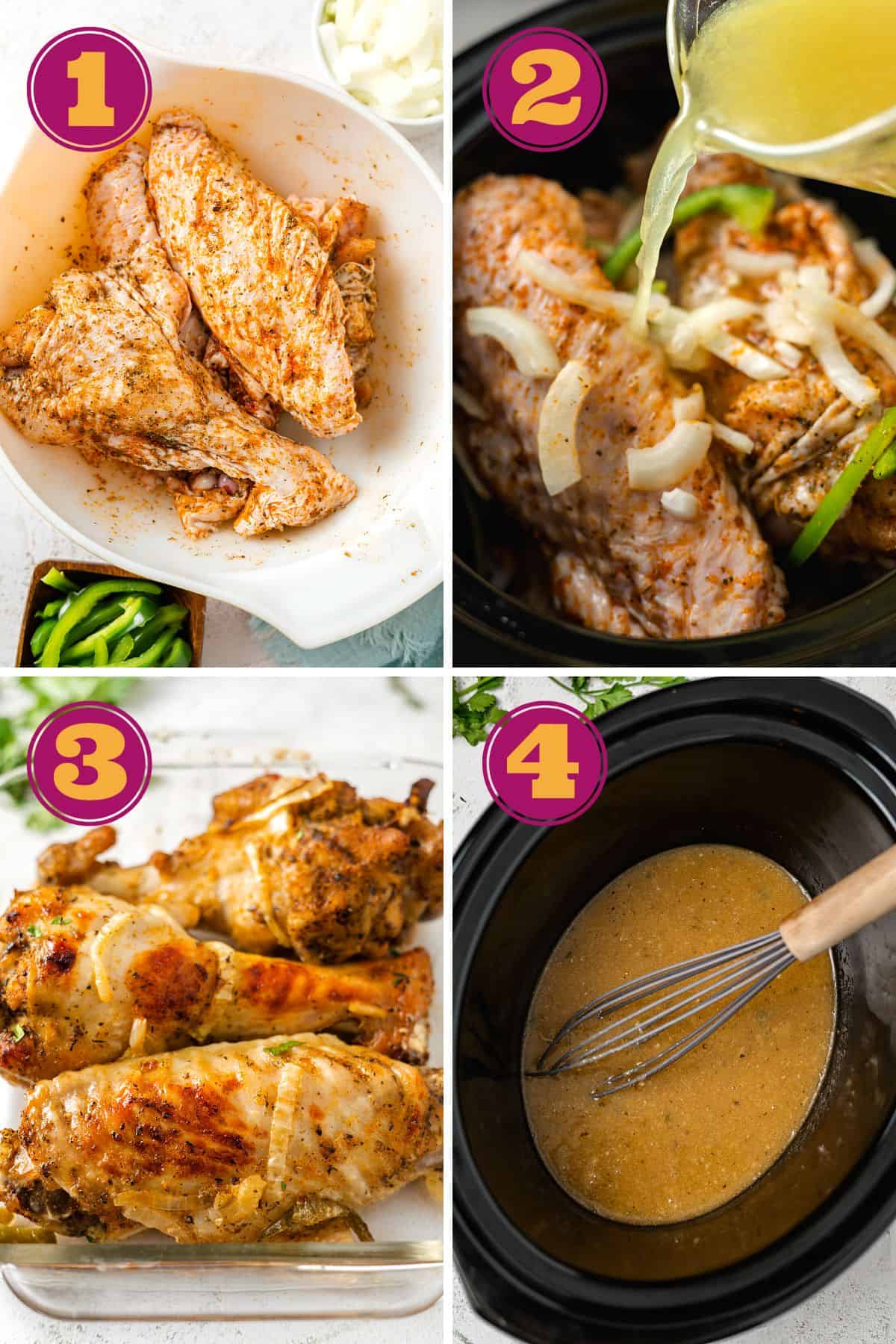 Four numbered images: first, raw turkey wings in a mixing bowl with seasonings; second, chicken broth being poured over turkey wings, bell peppers, and onions; third, cooked turkey legs in a serving dish; and fourth, a whisk stirring gravy in a crockpot