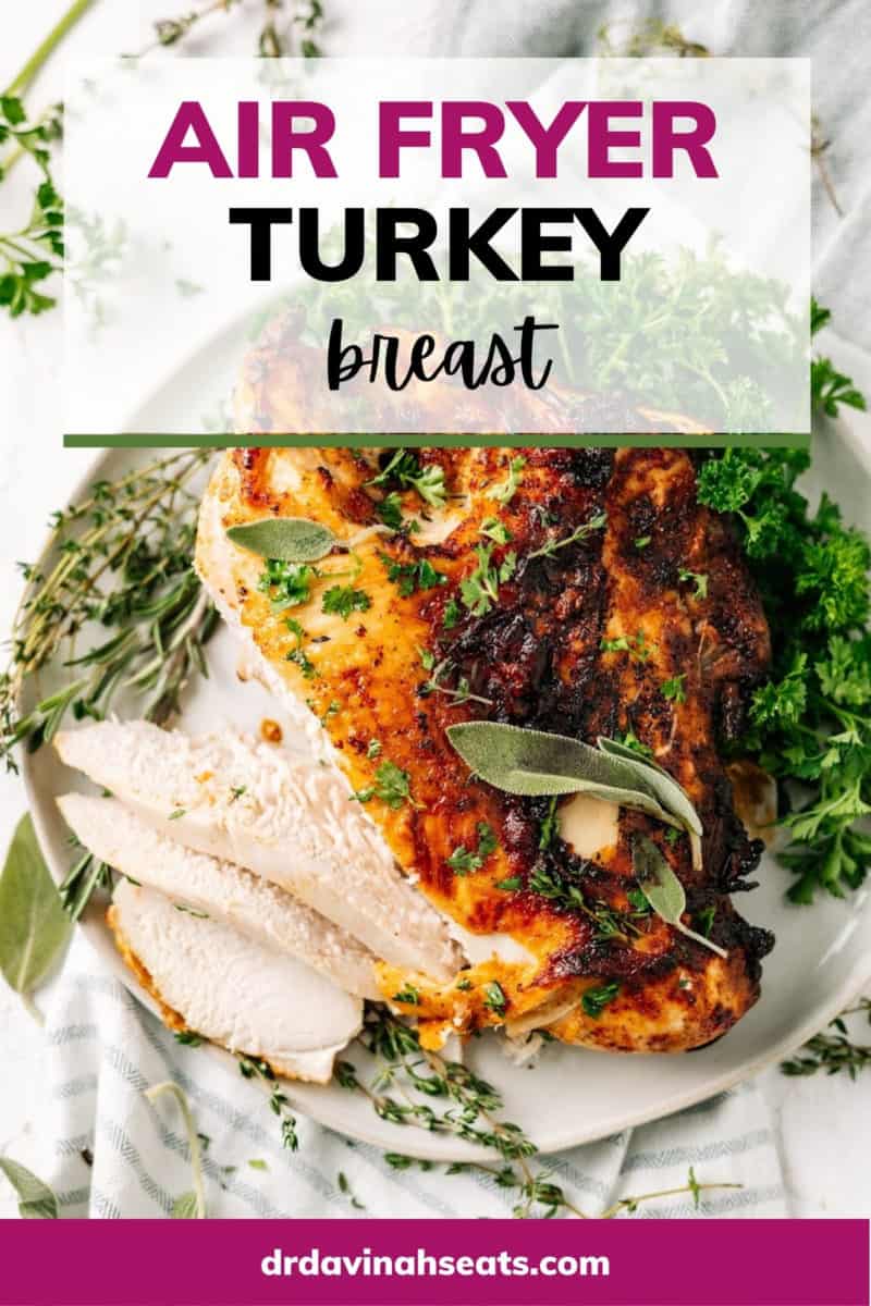A poster with a picture of a turkey breast cut into slices, with a banner that says "Air Fryer Turkey Breast"