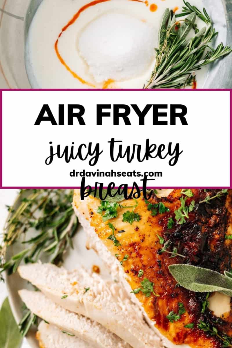 A banner with a picture of a buttermilk brine, a picture of a turkey breast, and a banner that says "Air Fryer Juicy Turkey Breast"