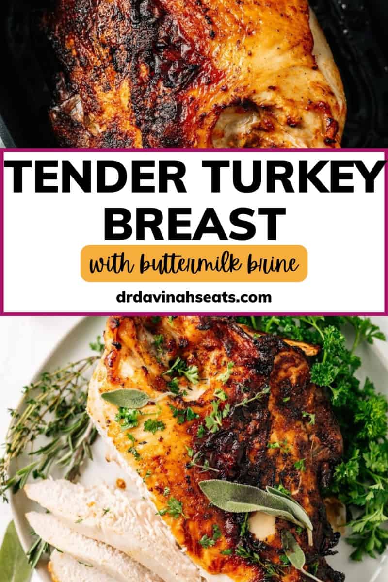 A poster with a picture of a cooked turkey breast, a picture of a turkey breast cut into slices, and a banner that reads "Tender Turkey Breast with Buttermilk Brine"