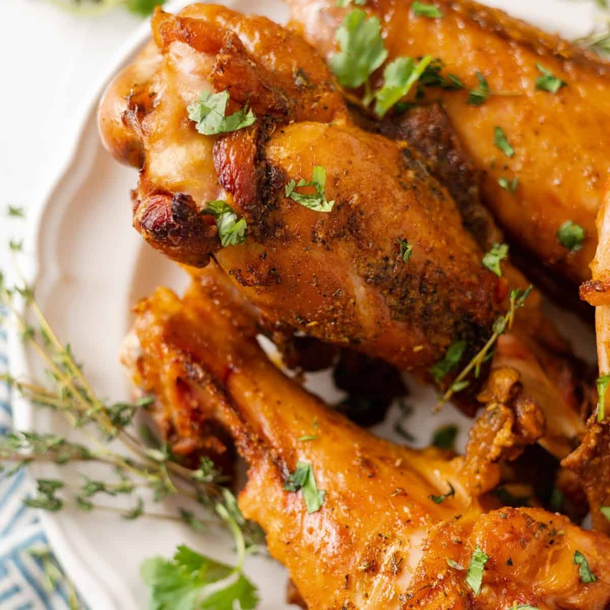 Super close up of turkey wings on a plate, garnished with parsley