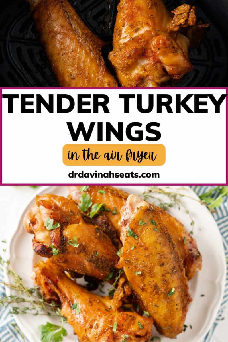 A poster with two pictures of turkey wings and a banner that says "Tender Turkey Wings in the Air Fryer"