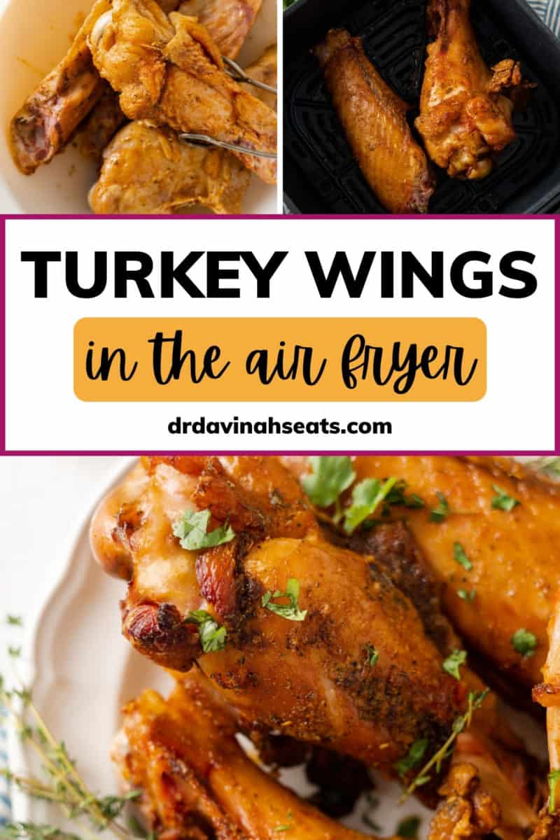 A poster with three pictures of turkey wings and a banner that says "Turkey Wings in the Air Fryer"