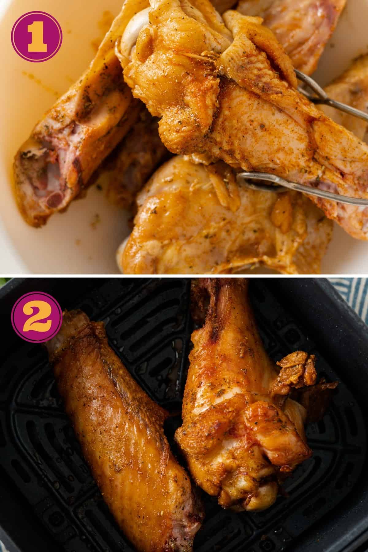 Two numbered pictures: first, a turkey wing being held by tongs, and second, turkey wings in an air fryer