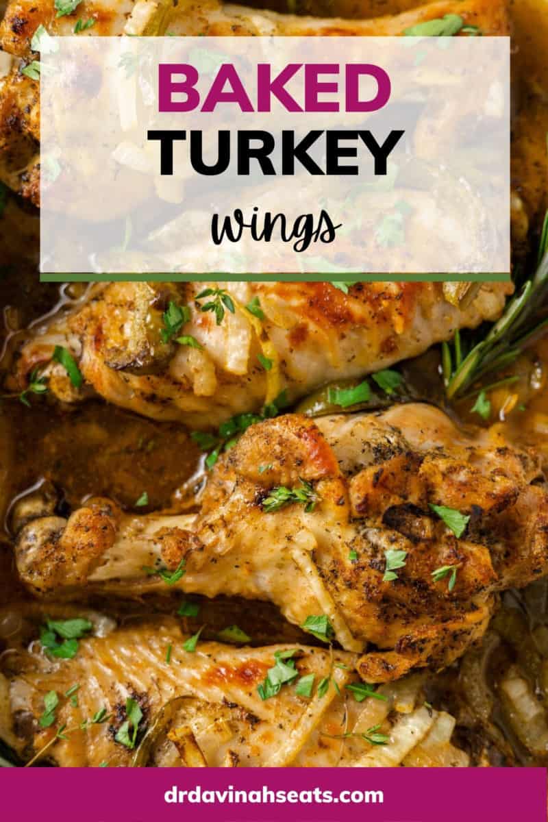 Poster with a picture of cooked turkey wings in a baking dish, and a banner that says "Baked Turkey Wings"