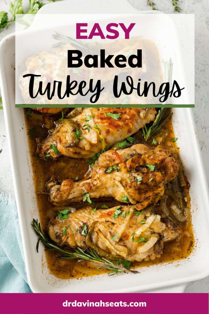 Poster with a picture of a baking dish filled with cooked turkey wings, and a banner that reads, "Easy Baked Turkey Wings"