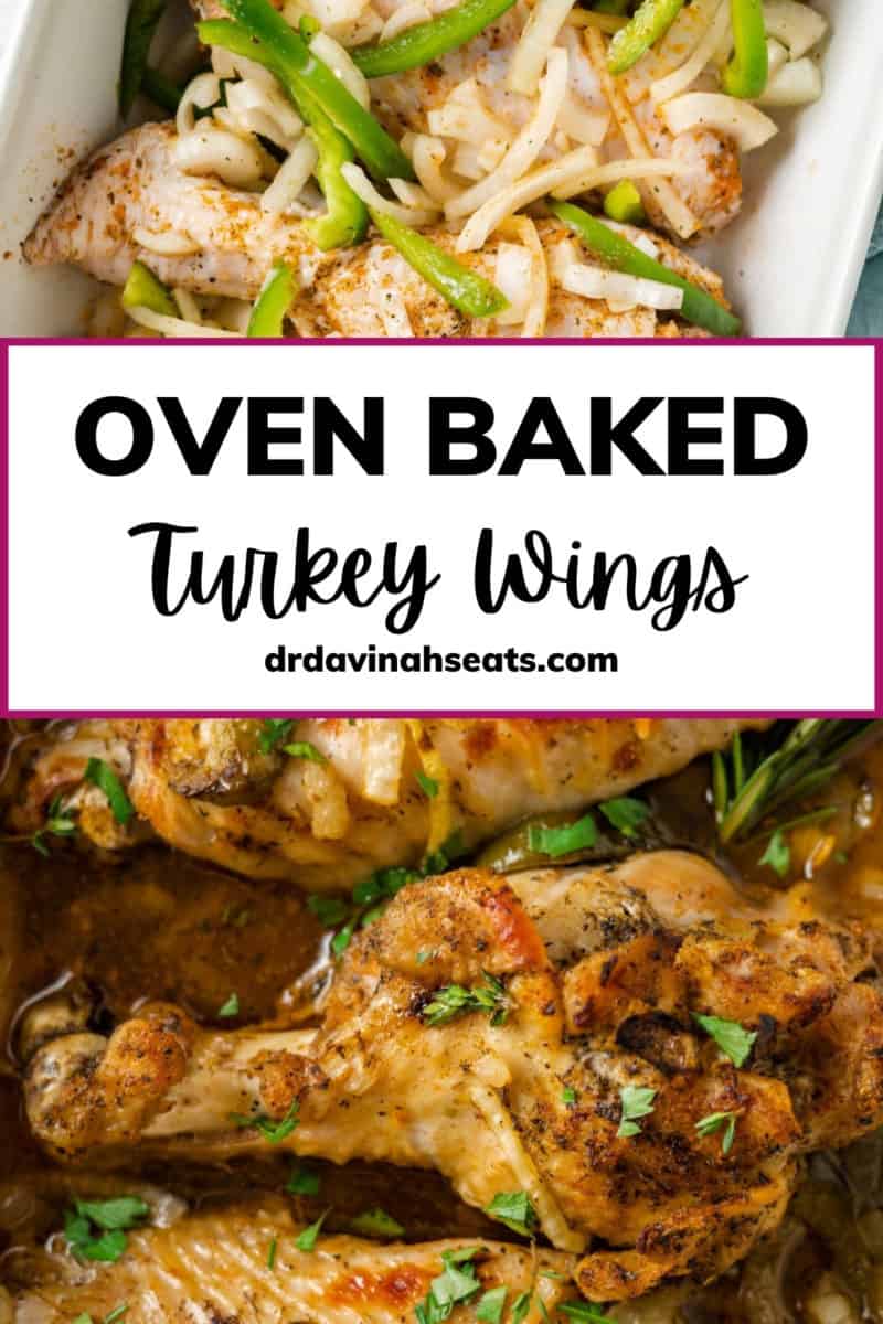 A poster with a picture of raw turkey wings with onions and peppers and a picture of cooked turkey wings, with a banner that says "Oven Baked Turkey Wings"