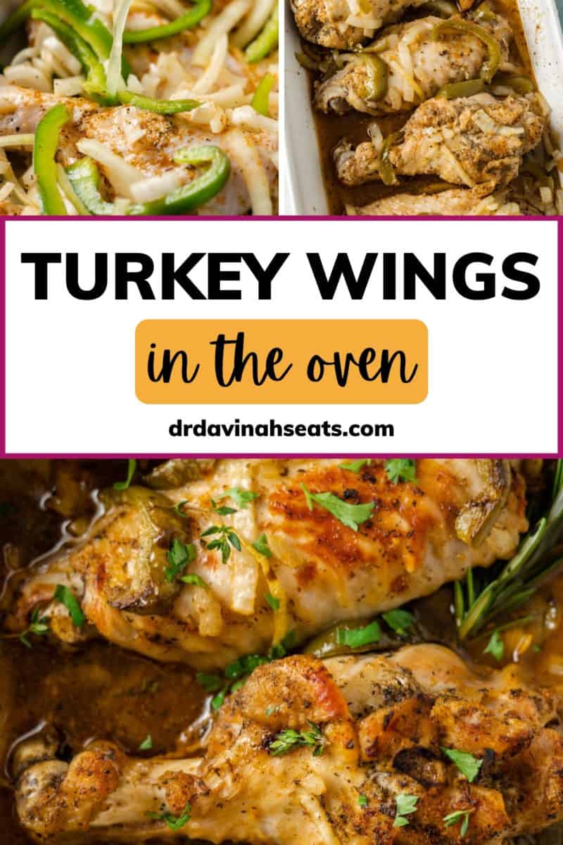 Poster with two pictures of baked turkey wings, a picture of raw turkey, peppers, and onions, and a banner that reads "Turkey Wings in the Oven"