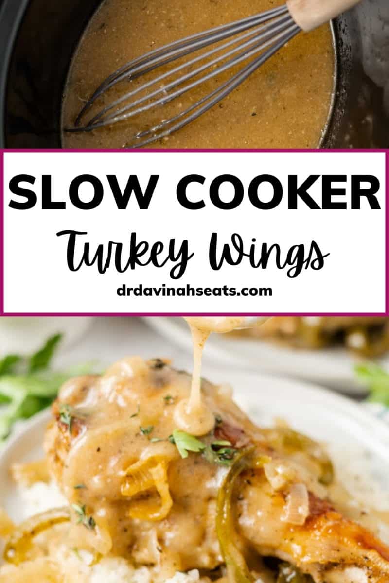 A poster with a picture of a turkey wing, a picture of a whisk stirring gravy, and a banner that says, "Slow Cooker Turkey Wings"