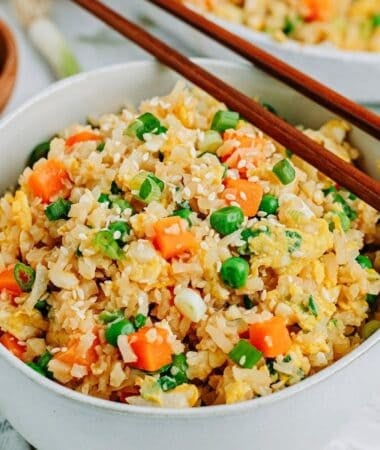 keto fried rice close-up view in a bowl