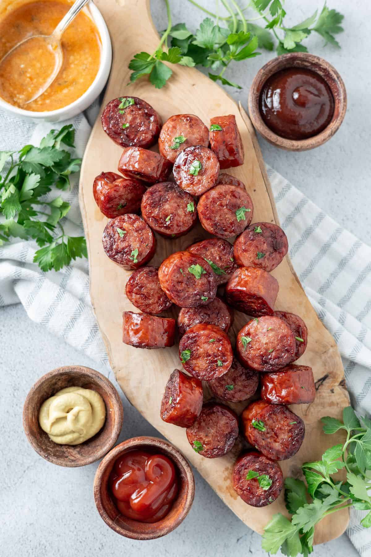 slices of Smoked Sausages on a wooden board beside some dips