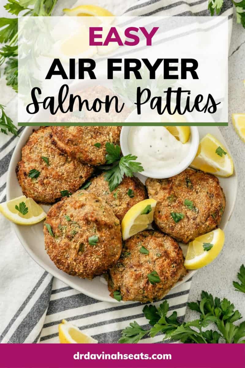 poster of a plate of air fryer salmon patties that says, "easy air fryer salmon patties"