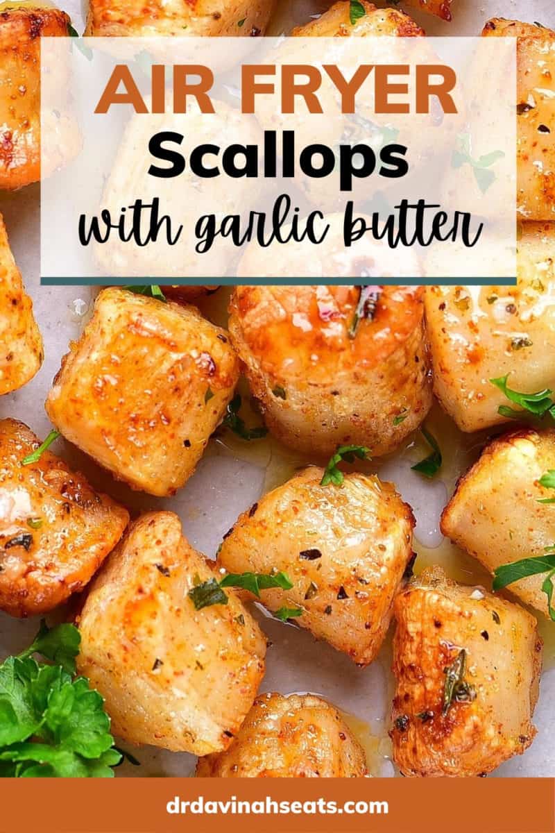 a photo of scallops on a plate that says, "air fryer scallops with garlic butter"