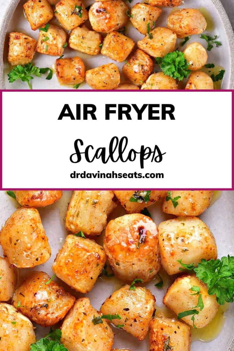 two photos of scallops on a plate that says, "air fryer scallops"