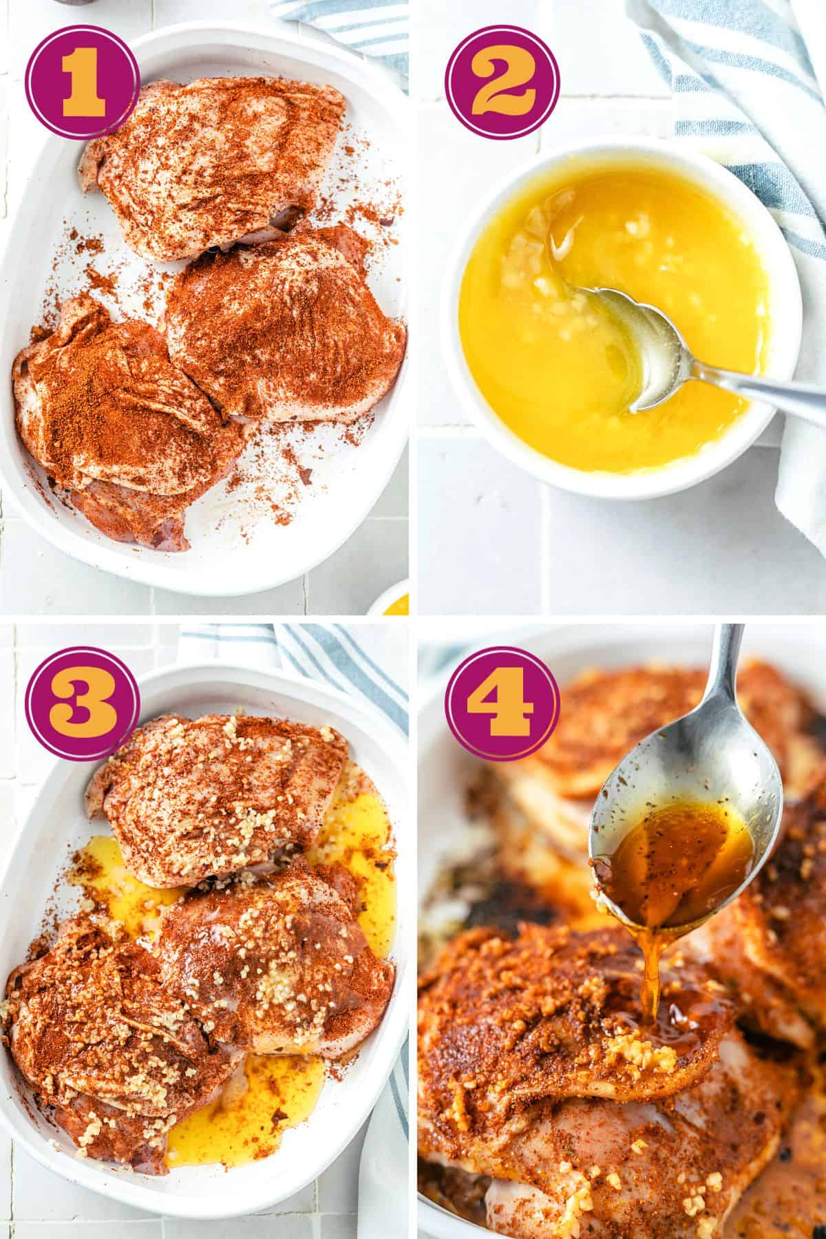 Four-step photo collage showing how to cook crispy baked bone-in chicken thighs with homemade seasoning and garlic butter
