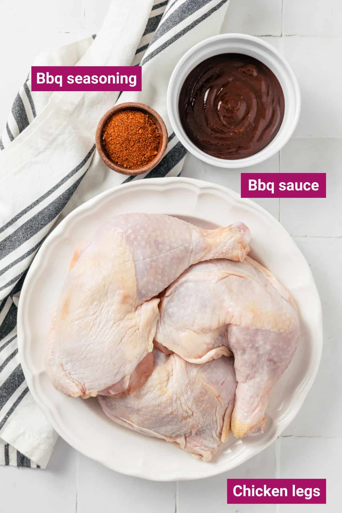 Ingredients for BBQ Chicken Quarters: Raw chicken leg quarters in one bowl, BBQ seasoning in another, and a bowl of BBQ sauce, set up for a flavorful and easy slow-cooking preparation.