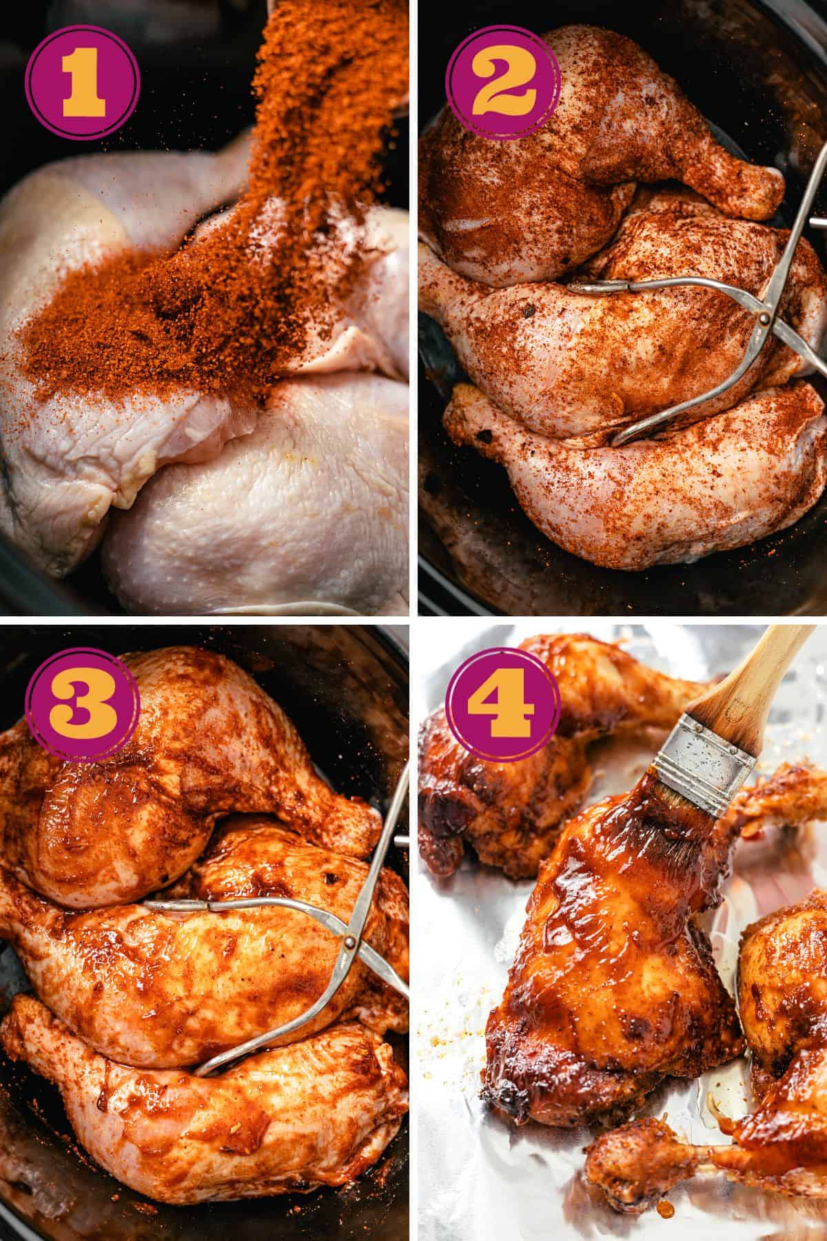 Four-step visual guide to preparing Crockpot BBQ Chicken Quarters