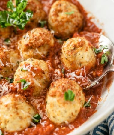 Delectably seasoned and cooked ground chicken meatballs, enticingly presented in a generous bowl