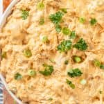 Large bowl filled with creamy Keto Buffalo Chicken Dip