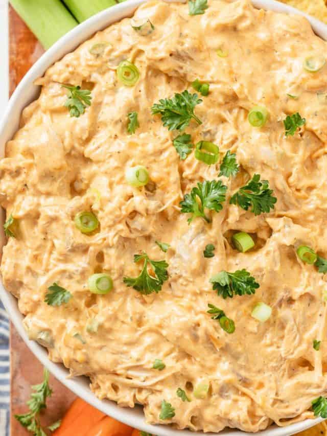 Large bowl filled with creamy Keto Buffalo Chicken Dip