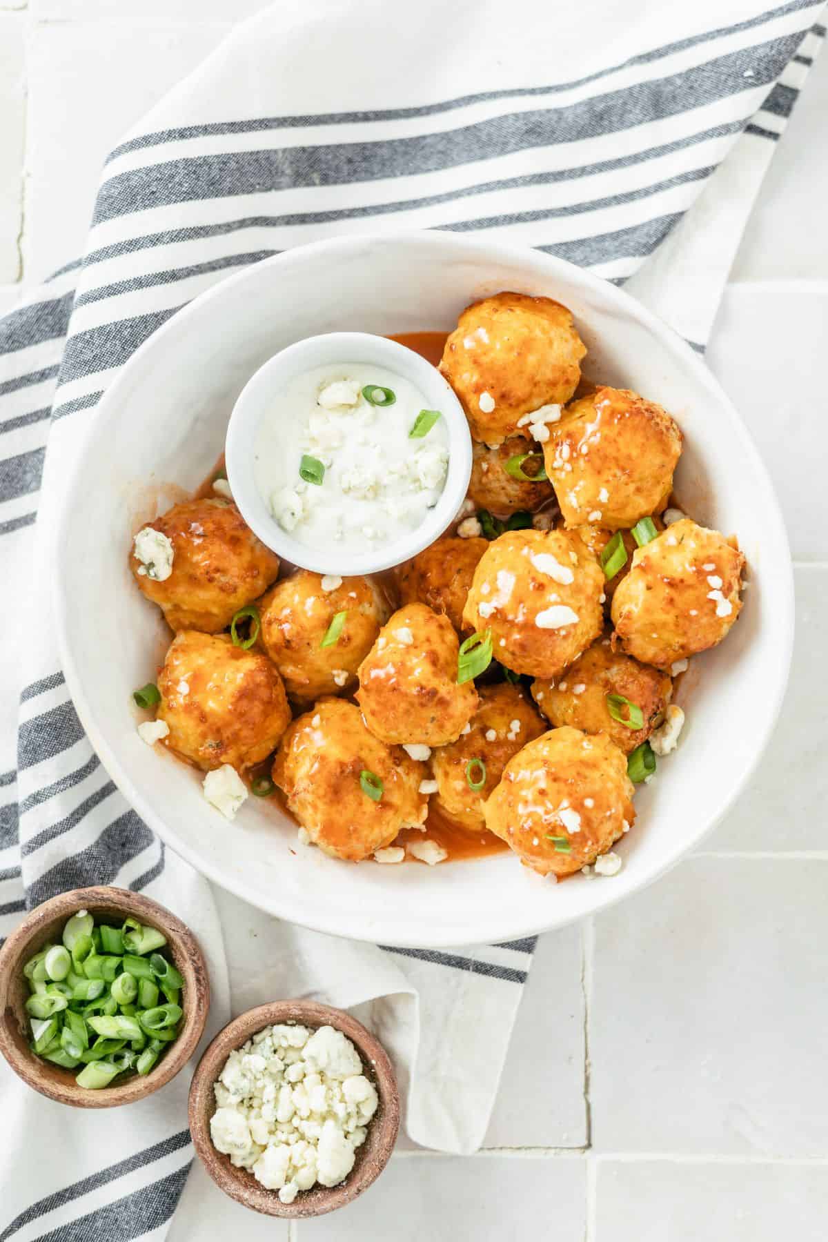 Keto Buffalo Chicken Meatballs in bowl with mayo dip – a delightful low-carb treat