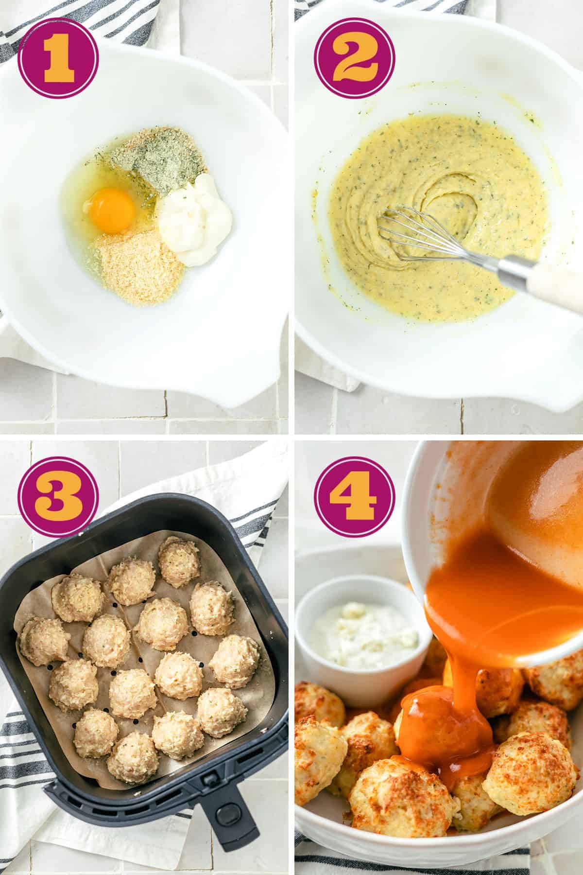 a photo collage for how to make low carb buffalo chicken meatballs by mixing the the eggs mayo, spices and almond flour; then making meatballs, and cooking the meatballs in an air fryer or stovetop