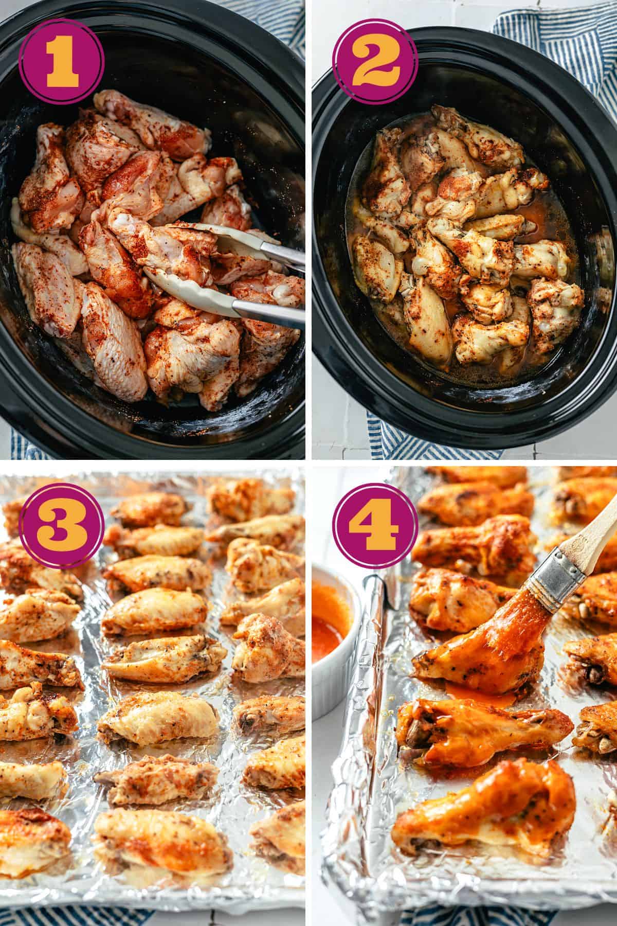 A step-by-step image guide illustrating the process of crafting zesty Crockpot Buffalo Wings in four easy-to-follow steps - adding the meat and seasoning to the slow cooker and adding the wings to a sheet pan with a wire rack to broil.