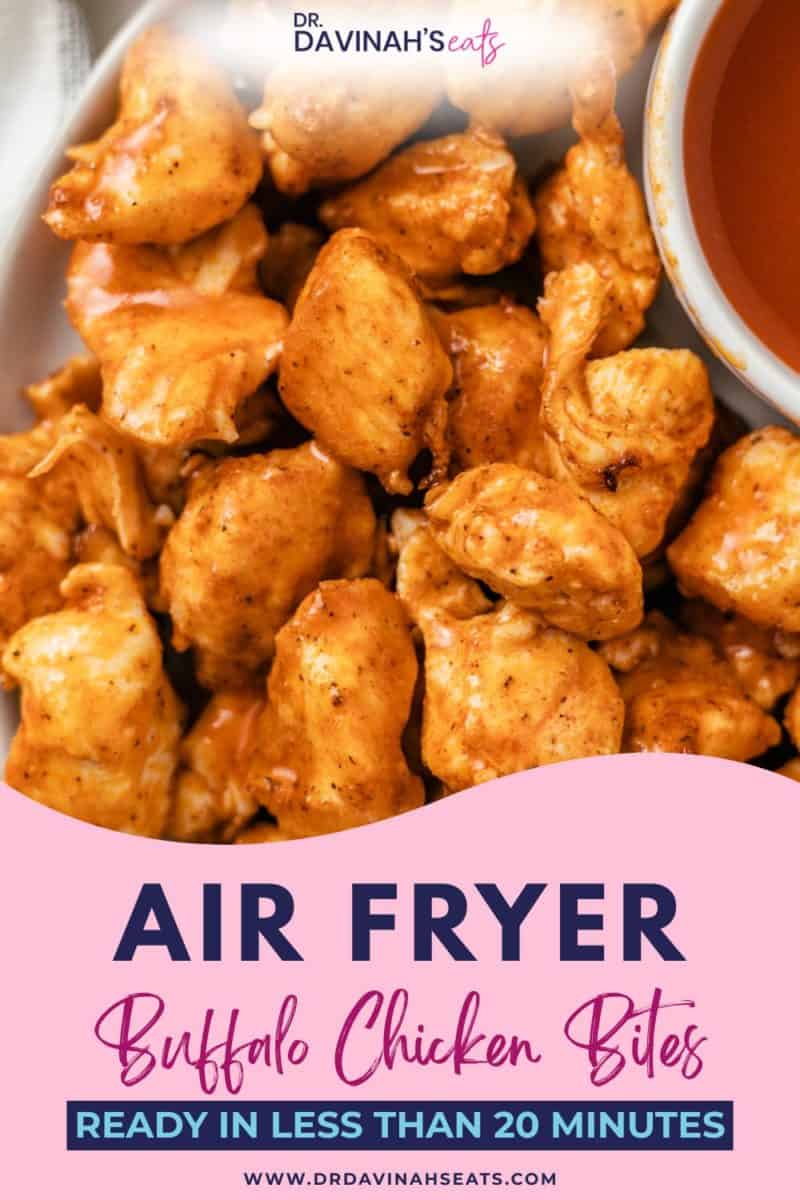golden air fryer buffalo chicken bites served with hot sauce