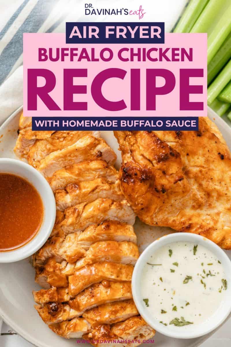 air fryer buffalo chicken breasts served with crunchy celery, dipping sauce, and blue cheese