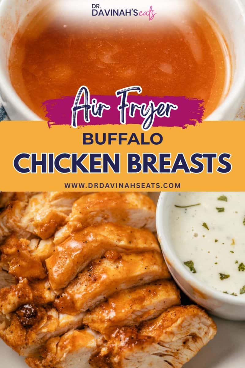 air fryer buffalo chicken breasts served alongside dipping sauce and blue cheese