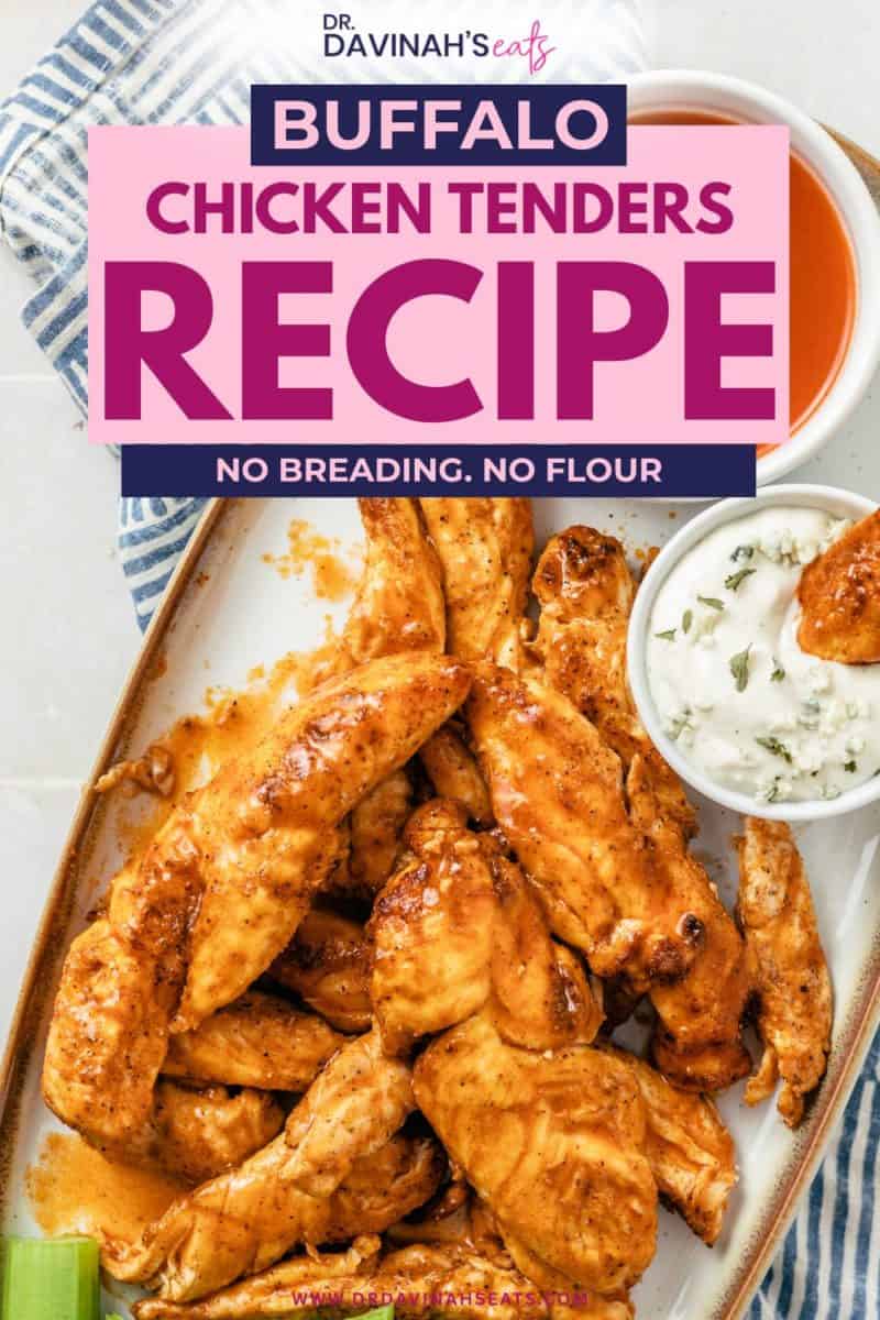 crispy air fryer buffalo chicken tenders served with dipping hot sauce and creamy blue cheese dressing with celery