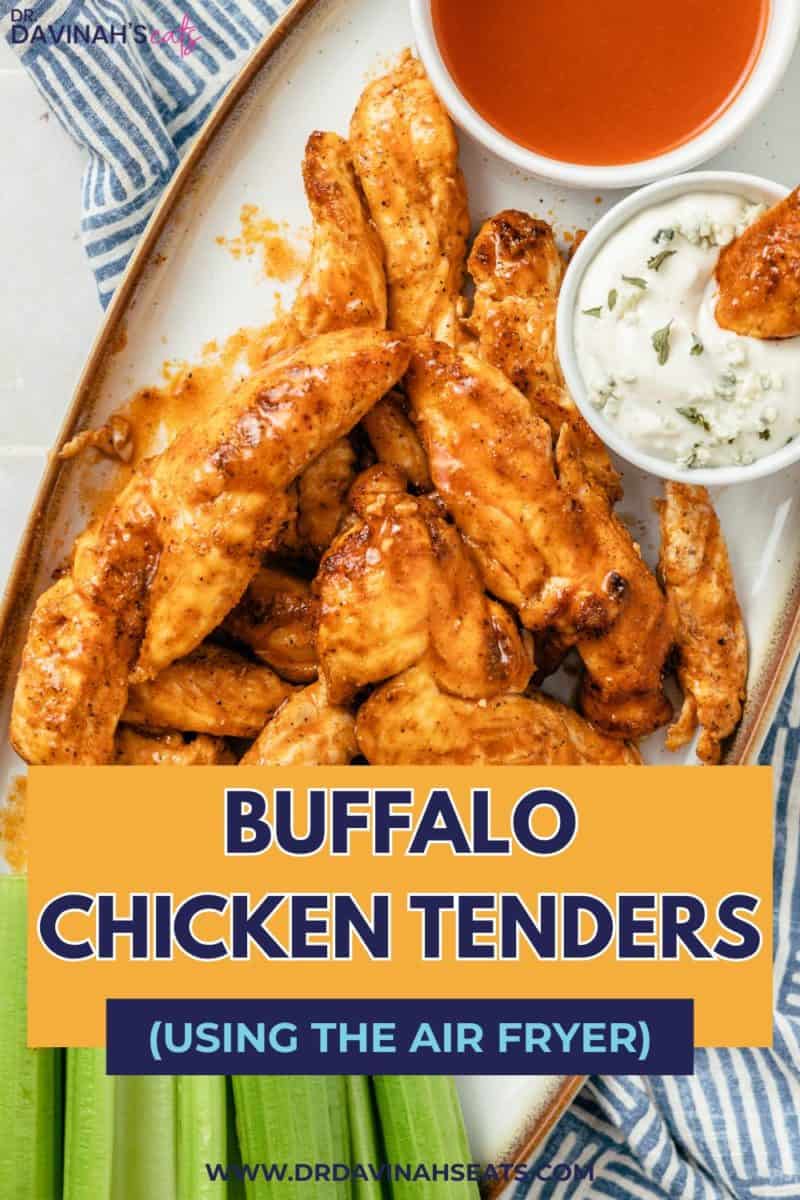 air fryer buffalo chicken tenders plated with celery sticks, dipping hot sauce and blue dressing