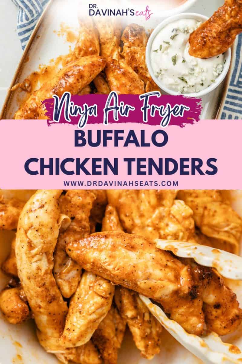 spicy air fryer buffalo chicken tenders with a side of hot sauce and blue cheese dressing