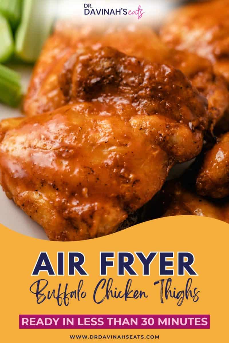 golden air fryer buffalo chicken thighs with a side of celery sticks