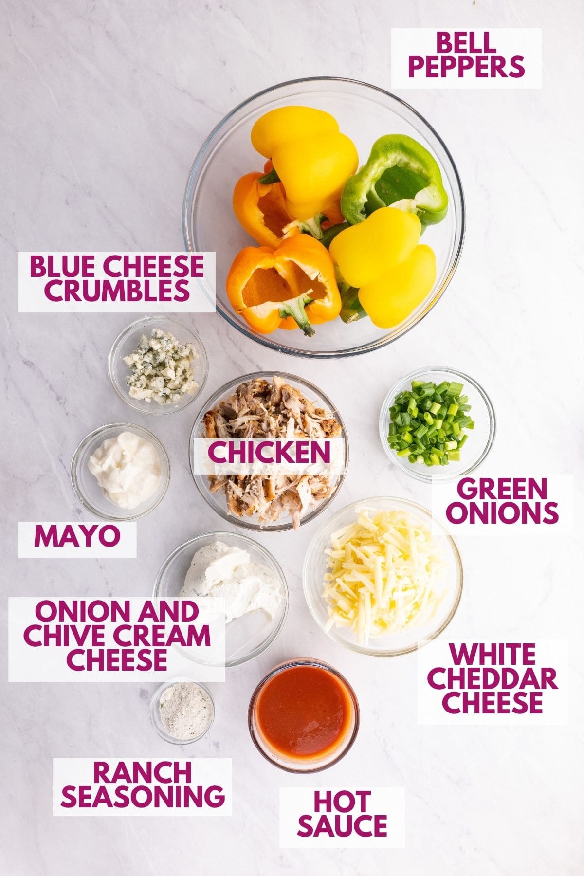 ingredients to make buffalo chicken stuffed peppers