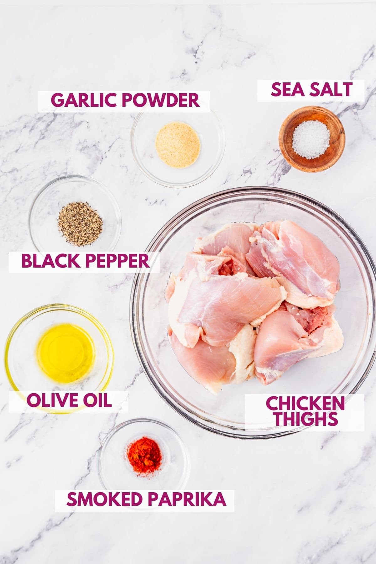 ingredients for garlic Parmesan chicken thighs in separate bowls with text labels