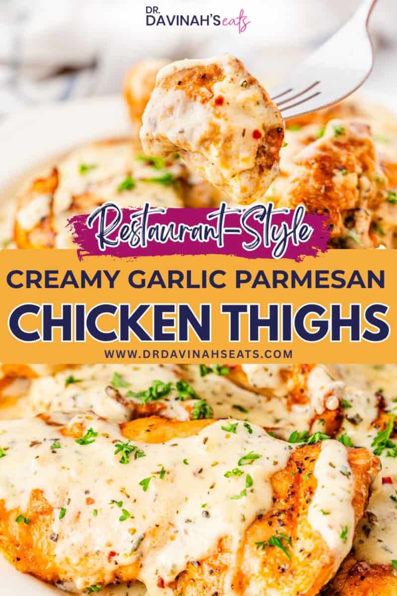 fork picking up a bite of creamy garlic parmesan chicken thighs