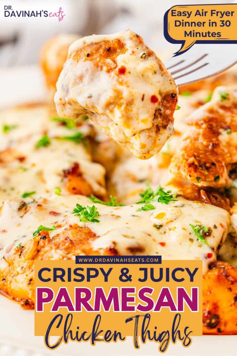 taking a bite of creamy garlic parmesan chicken thighs with a fork
