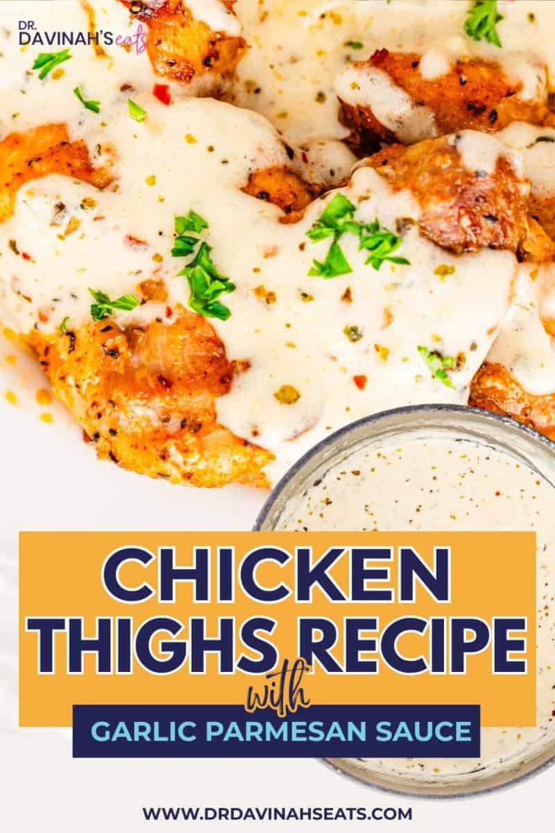 garlic parmesan chicken thighs topped with creamy sauce and parsley with cooked sauce in a pot