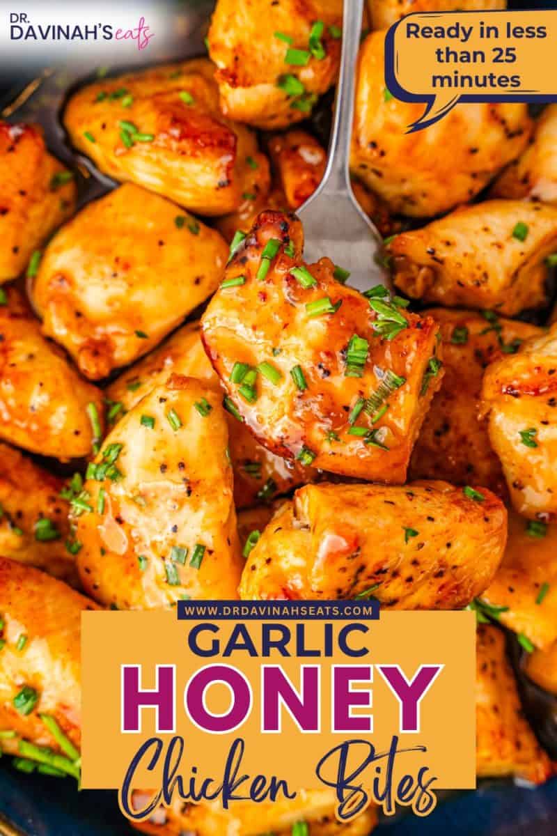 fork picking up a bite of honey garlic chicken bites