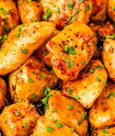 weeknight-friendly honey garlic chicken bites in a serving bowl