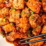 juicy honey garlic salmon bites coated with honey garlic sauce
