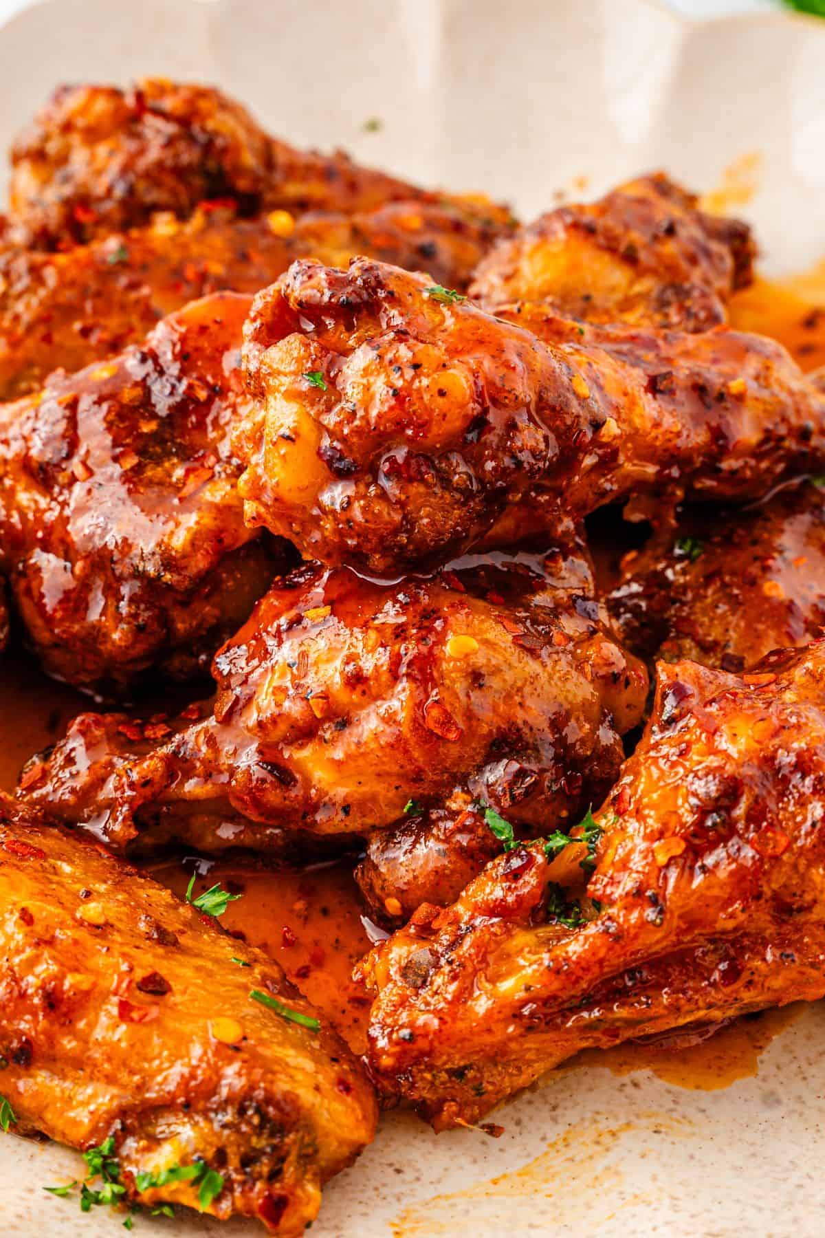 Game-day hot honey chicken wings in a bowl
