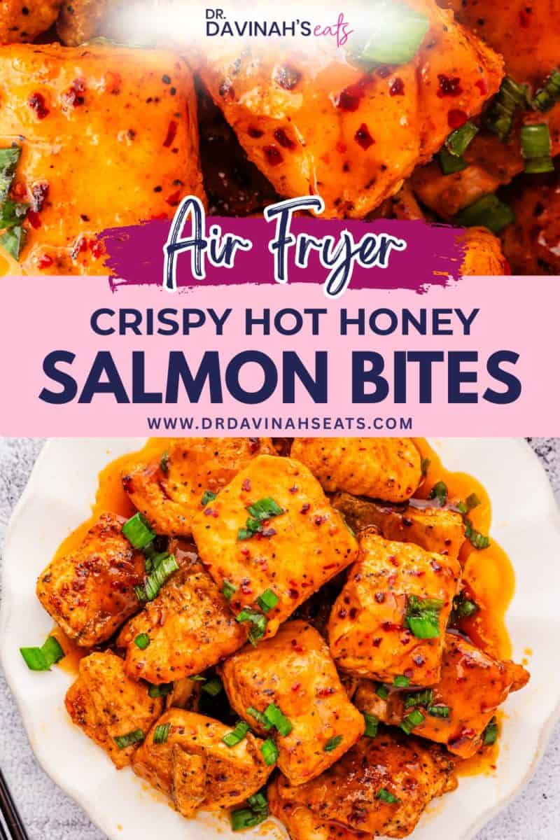 Bowl of sticky hot honey salmon bites with green onion garnish