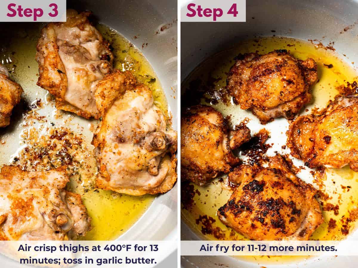 chicken thighs cooking in the Ninja Foodi air fryer pot before and after