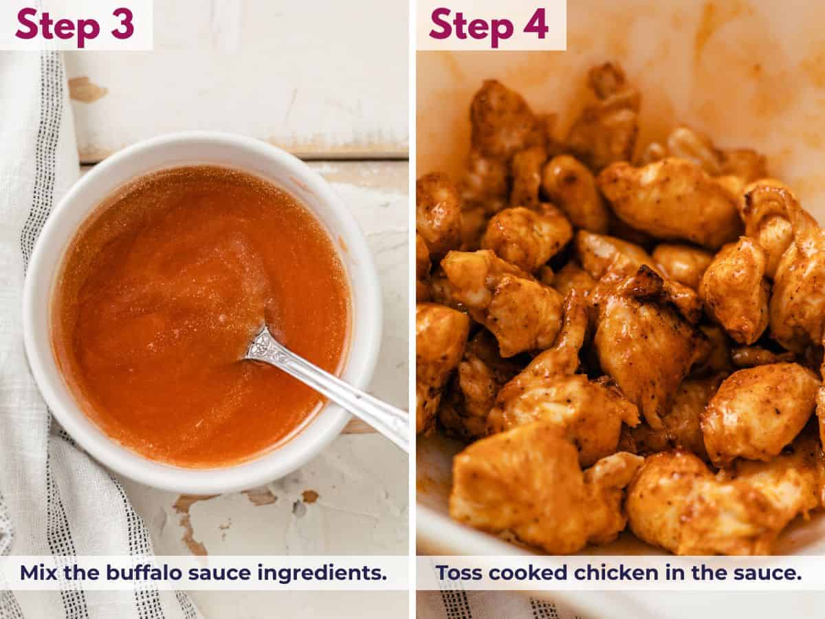 buffalo sauce ingredients in a bowl; cooked chicken coated in buffalo sauce